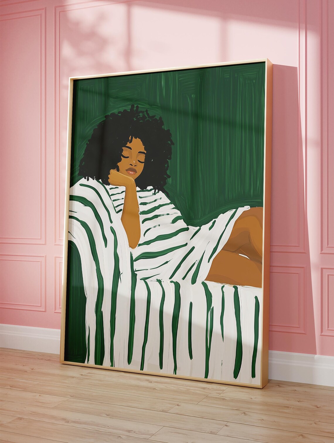 Woman Resting With Curly Hair Striped Minimalist Portrait Print - Image 4