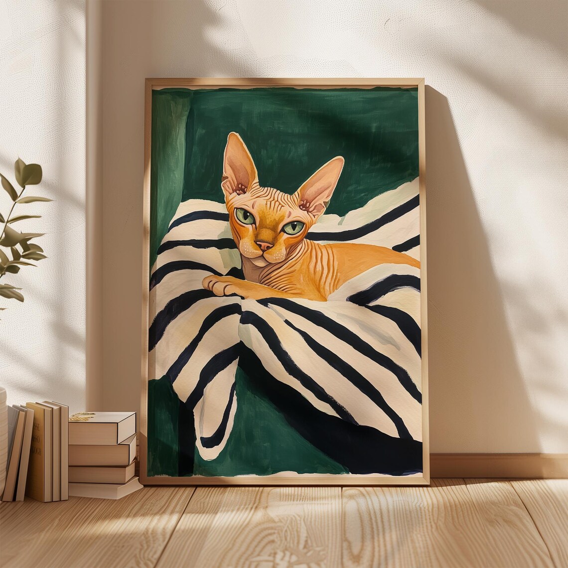 Sphynx Cat Portrait On Striped Blanket Emerald Green Art Poster - Image 2