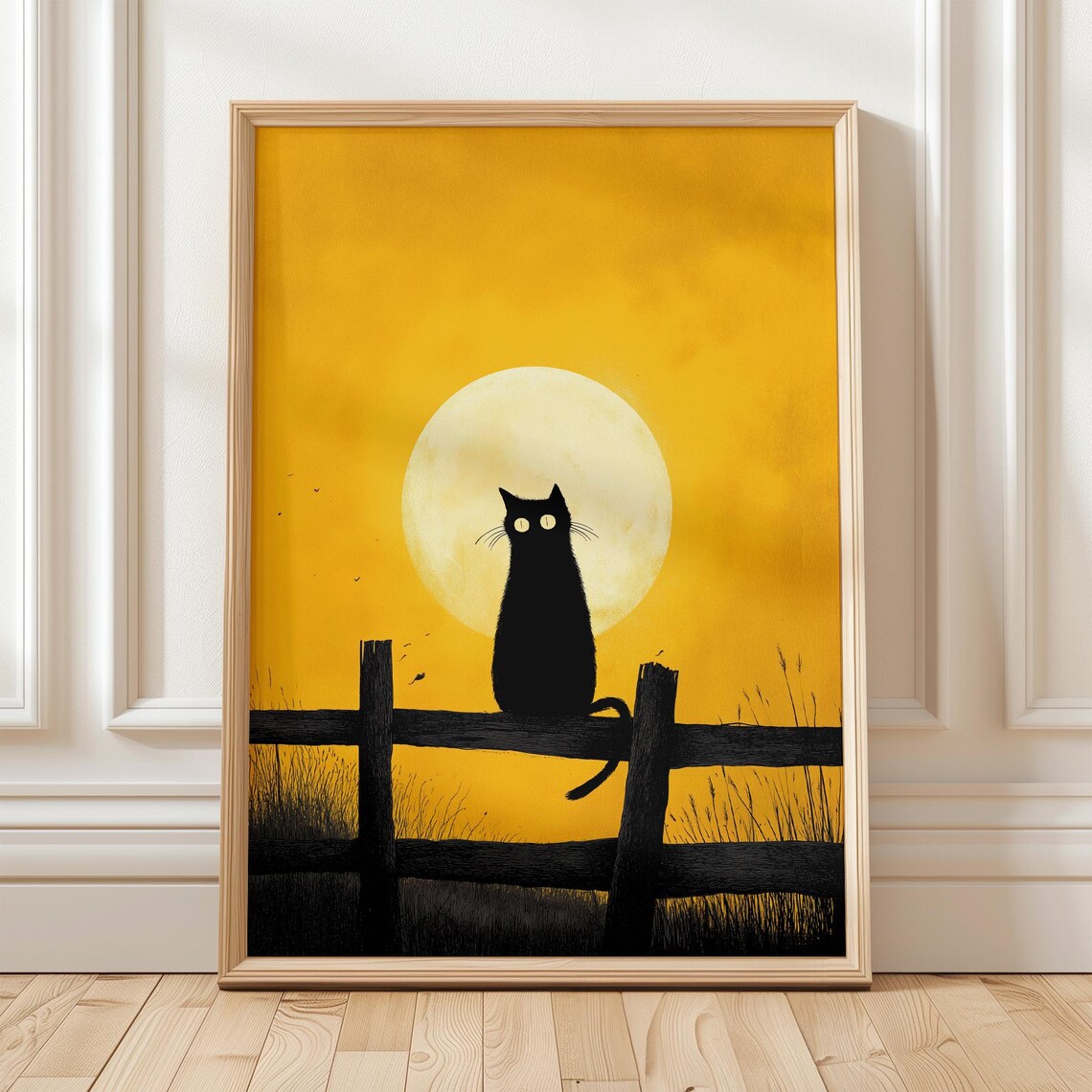 Black Cat Sitting On Fence With Full Moon, Vintage Poster