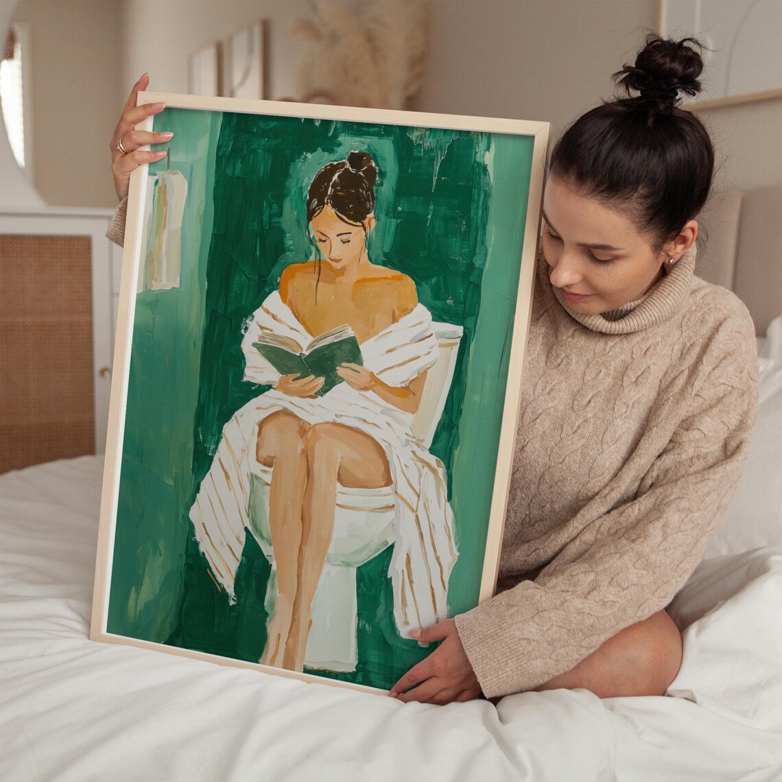 Woman Reading Book In Bath Towel Emerald Bathroom Art Poster - Image 3