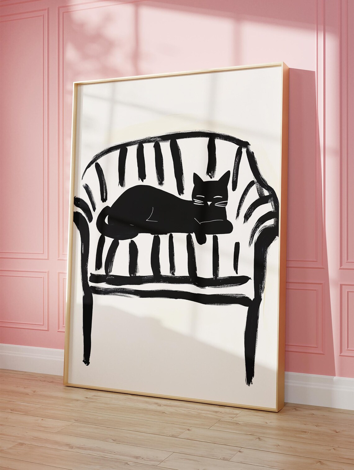Sleeping Black Cat on Striped Chair Minimalist Ink Art Poster - Image 3