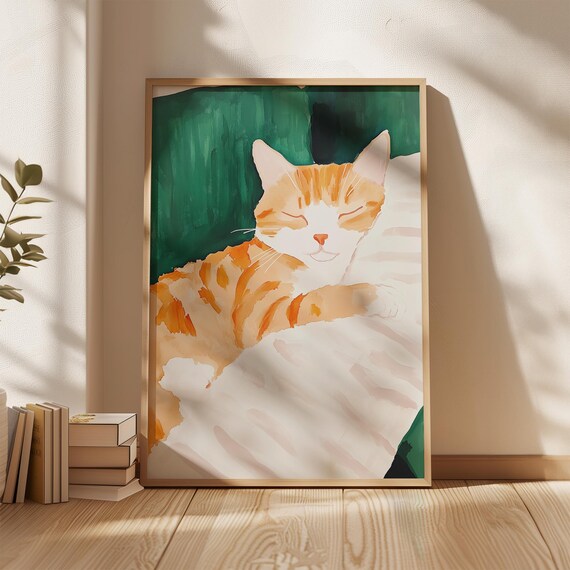 Orange Tabby Cat Watercolor Sleeping On White Blanket Art Poster