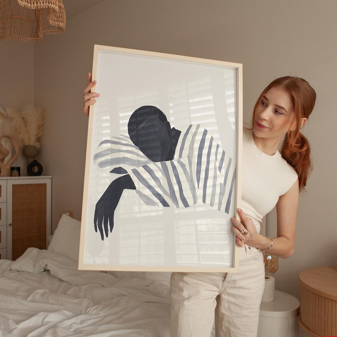 Sleeping Man in Striped Robe, Minimalist Decor - Image 4