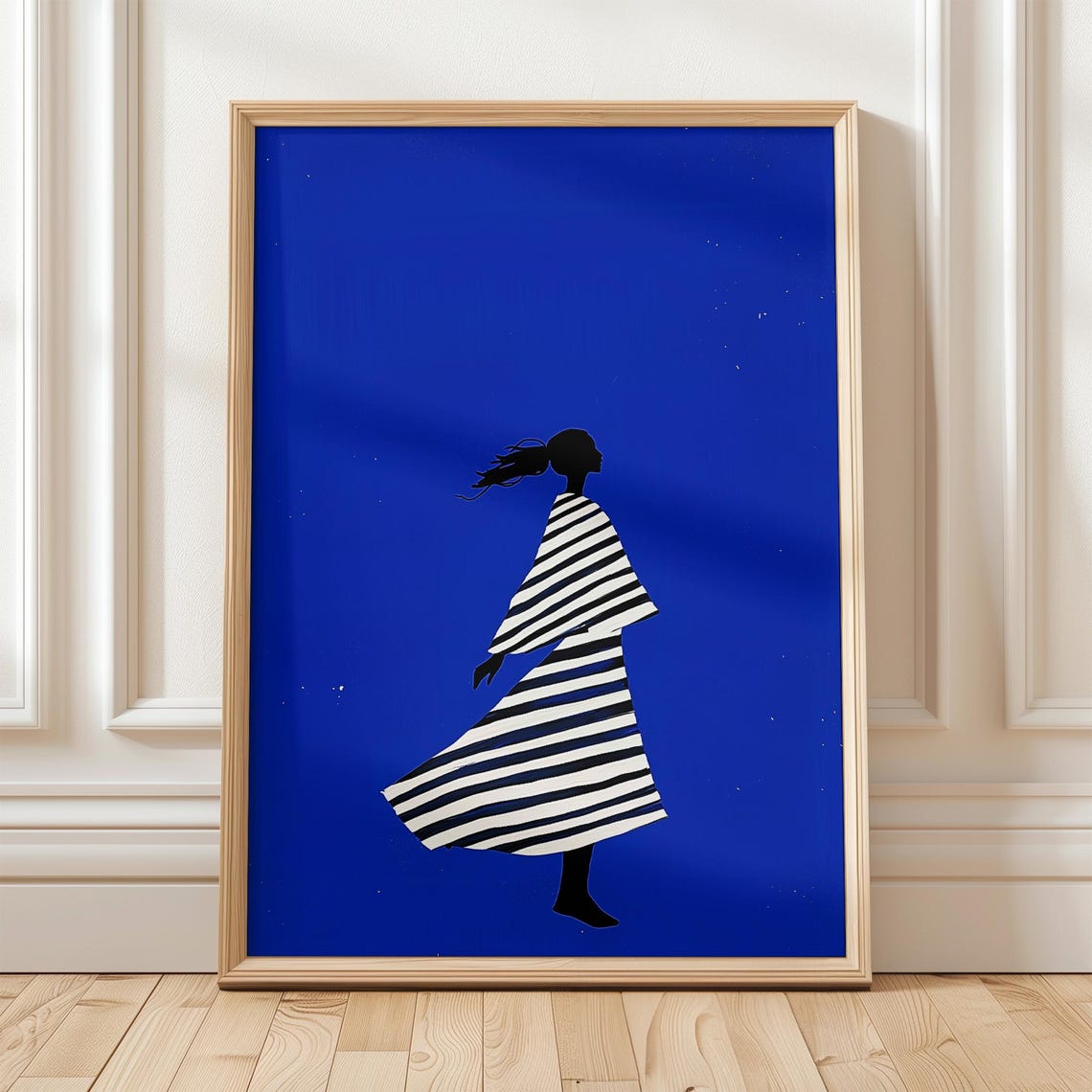 Blue Minimalist Stripe Art Modern Wall Decor Female Silhouette Bold Abstract Design Artwork For Contemporary Home