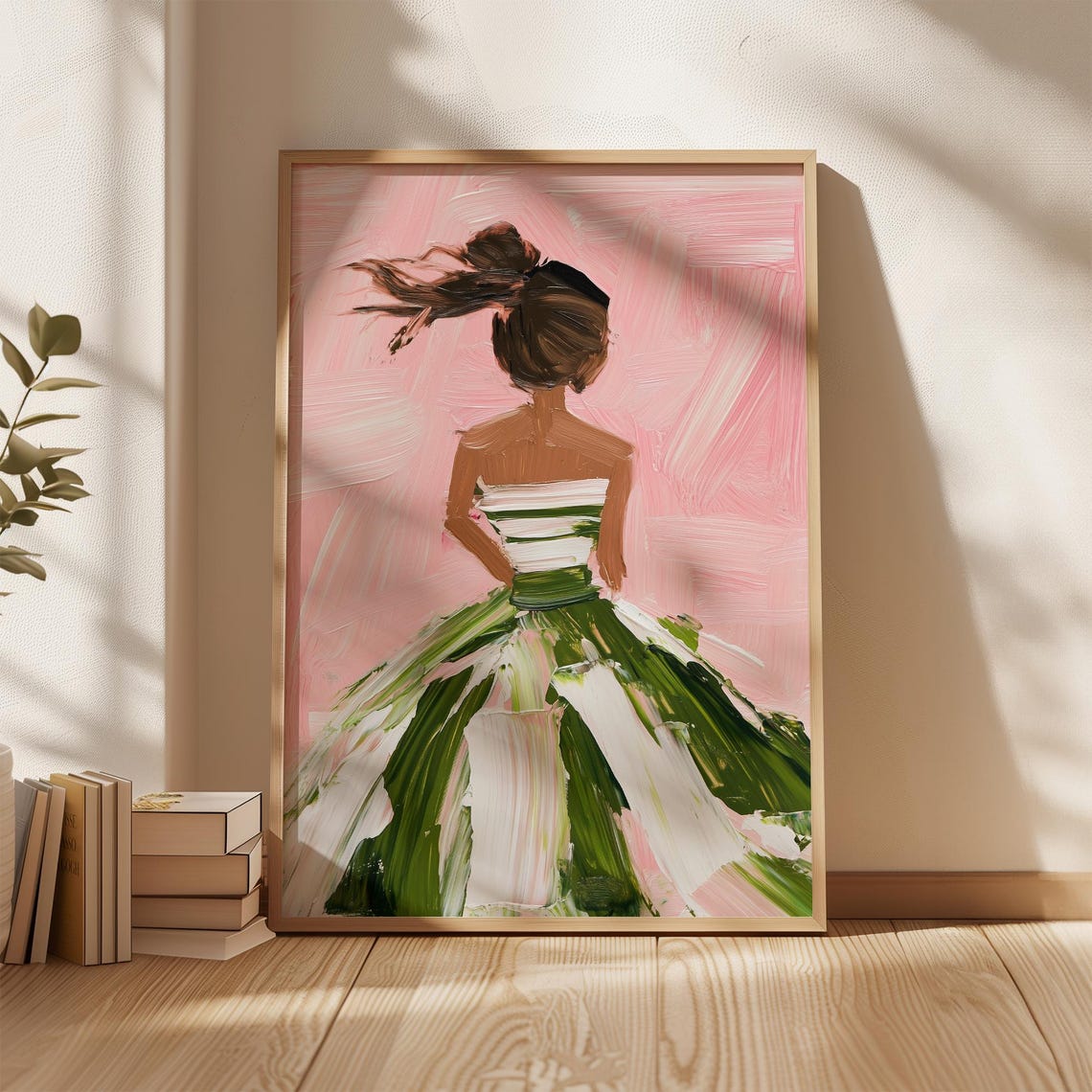 Elegant Woman in Pink and Green Dress, Modern Art Print - Image 2