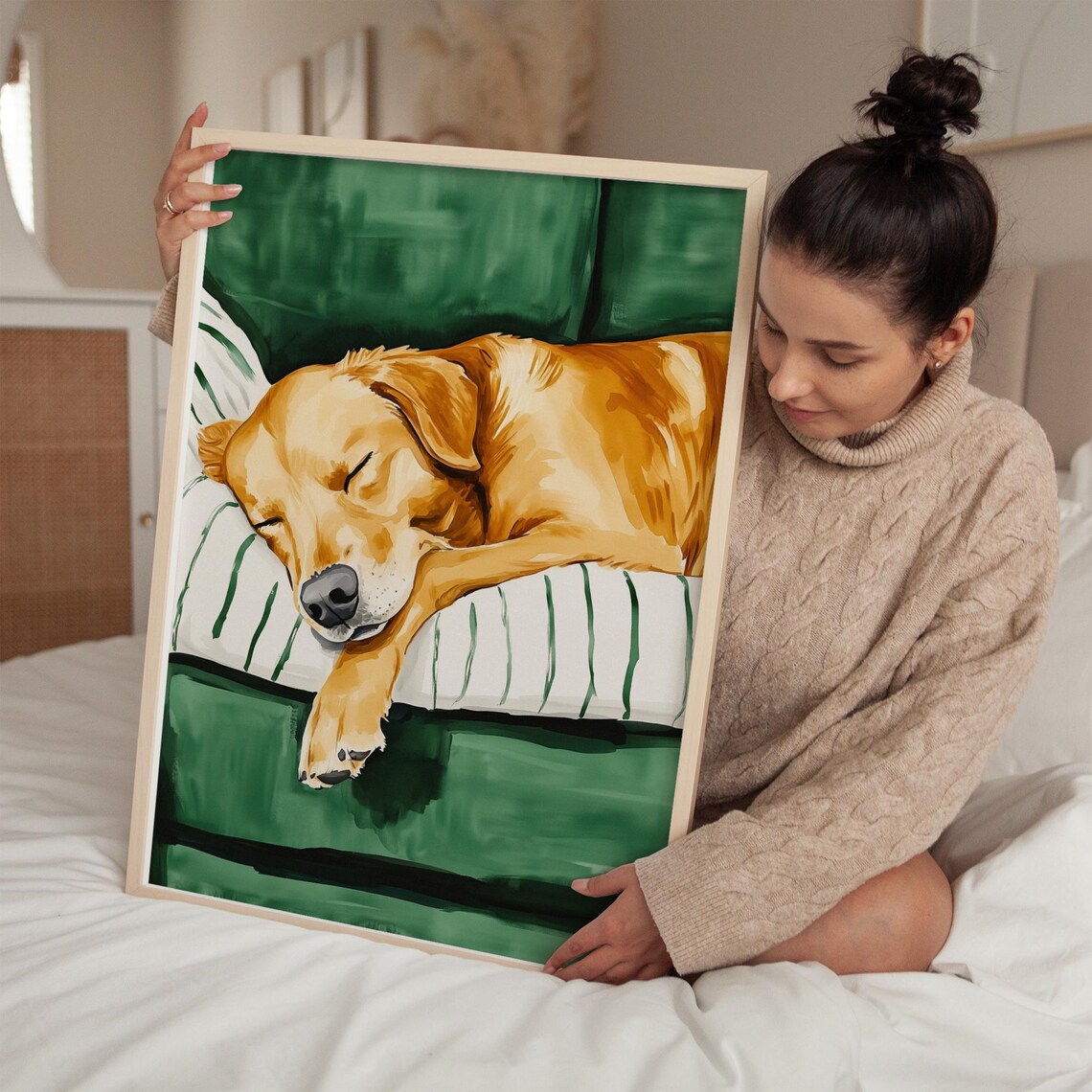 Golden Retriever Sleeping on Sofa, Minimalist Pet Decor