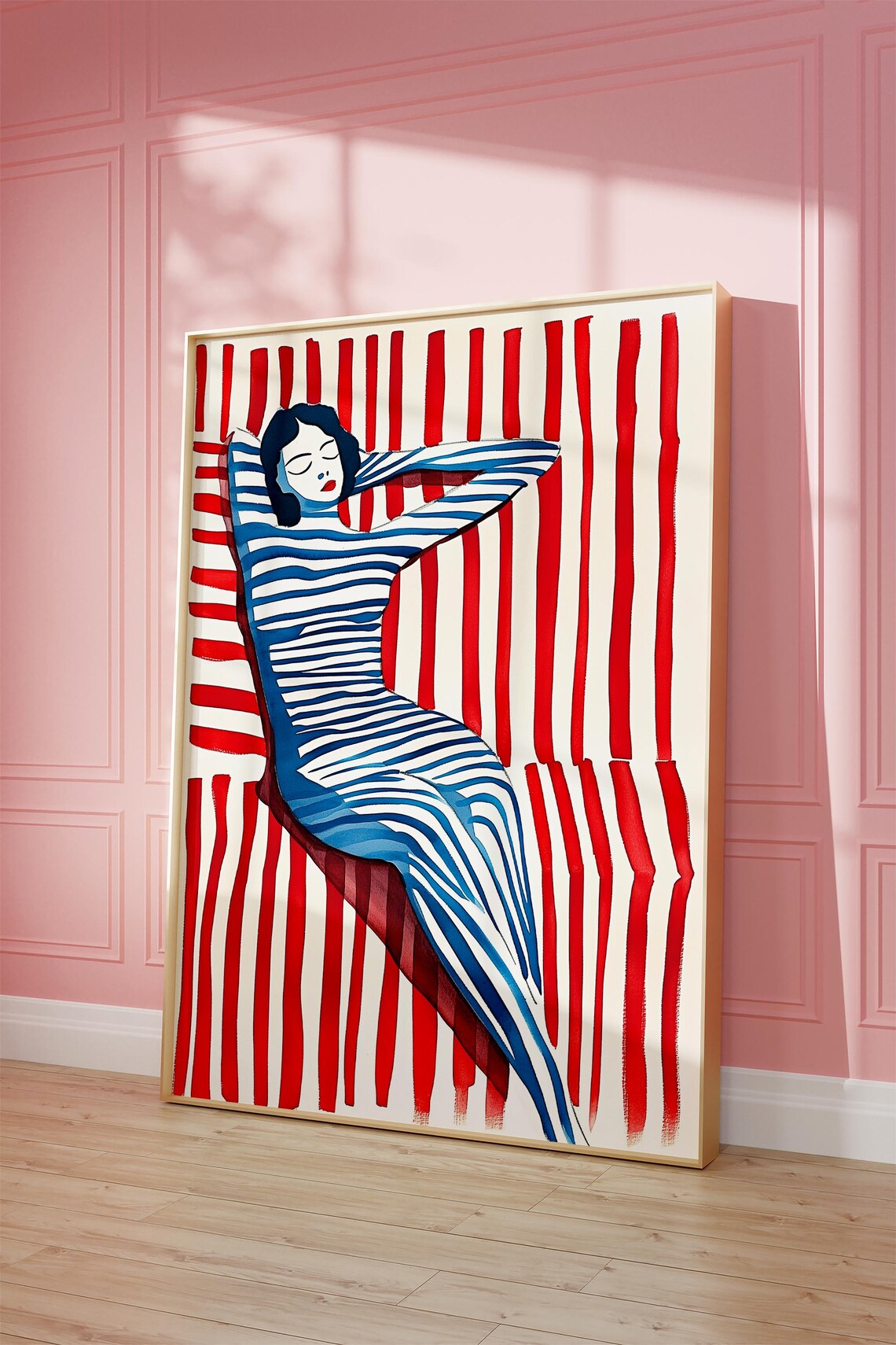 Woman in Blue Striped Dress Reclining Against Red Stripes Poster - Image 2