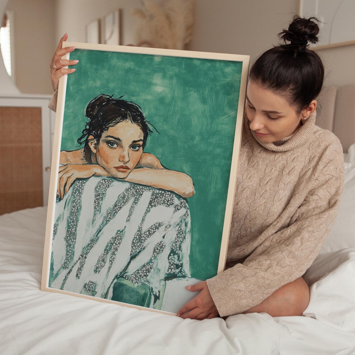 Contemplative Woman Portrait Green And Glitter Modern Art Poster - Image 3