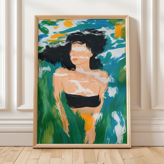 Abstract Woman Swimming Wall Art Summer Pool Print Modern Female Portrait Painting Minimal Water Reflection Artwork Colorful Coastal Decor