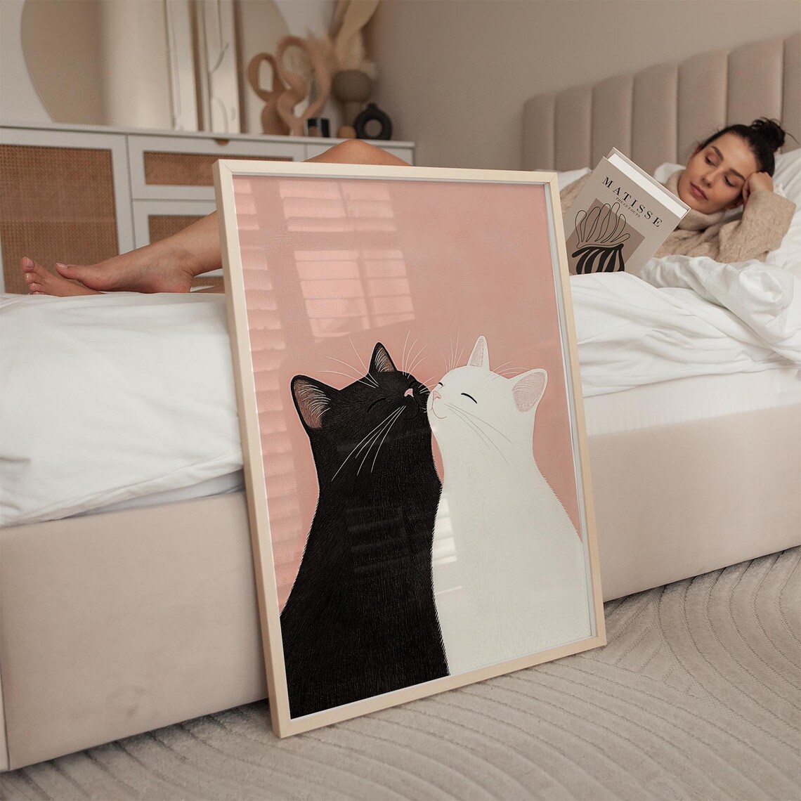 Black and White Cat Couple Nuzzling on Soft Pink Romantic Poster - Image 2