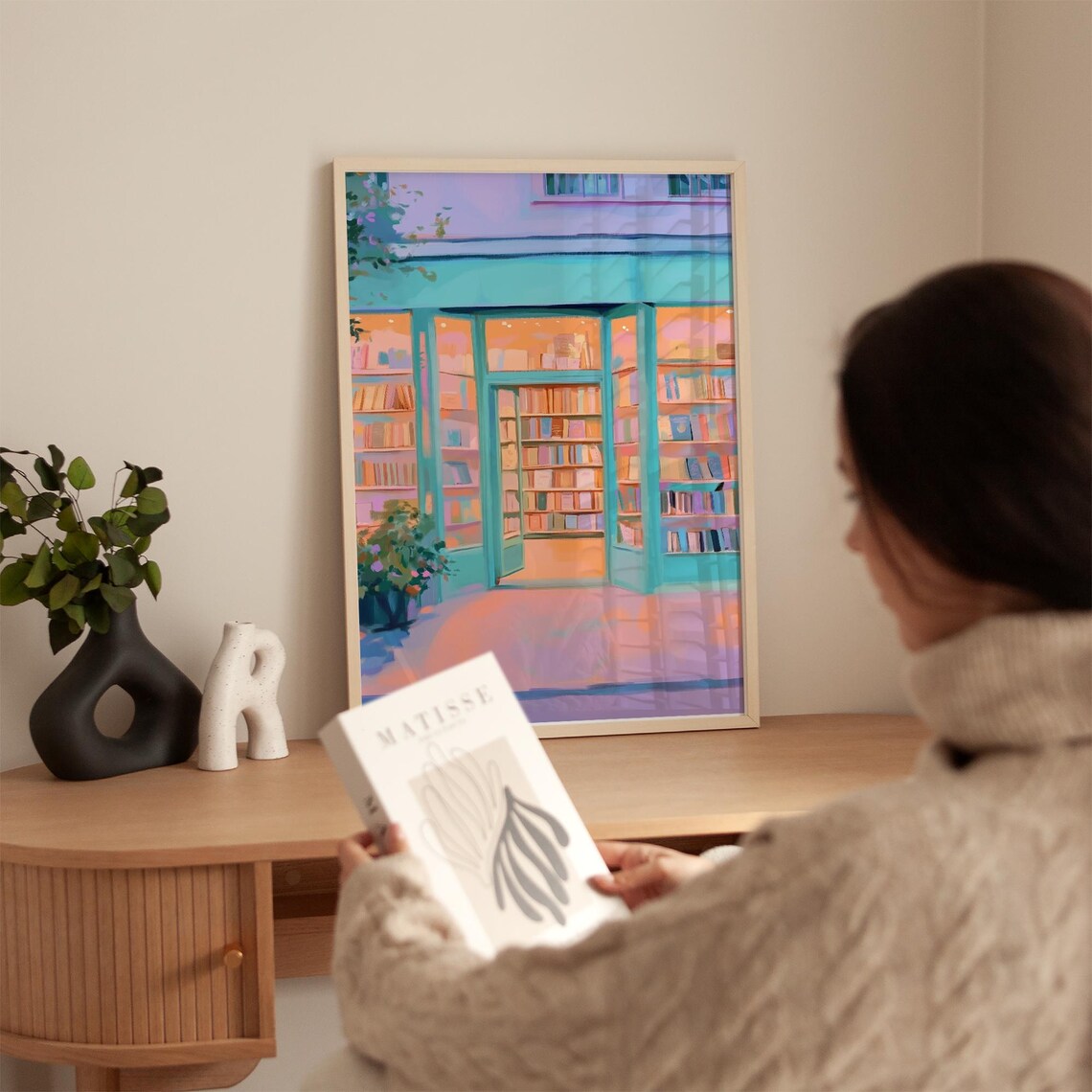 Pastel Turquoise Bookstore Storefront Painting With Warm Glow Poster - Image 2