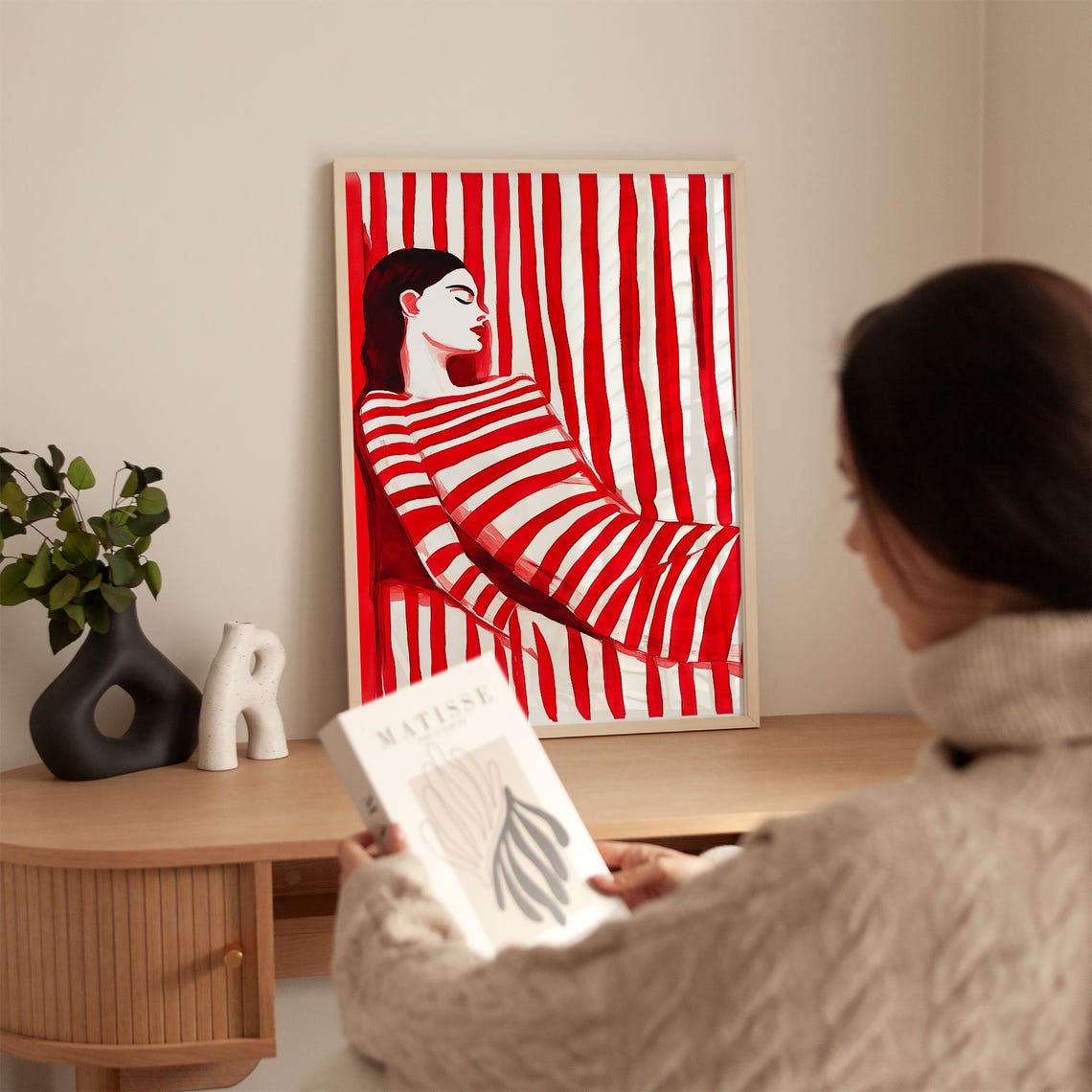 Red Striped Woman Wall Art Minimalist Print Modern Abstract Female Portrait Bold Contemporary Poster Unique Home Decor - Image 3
