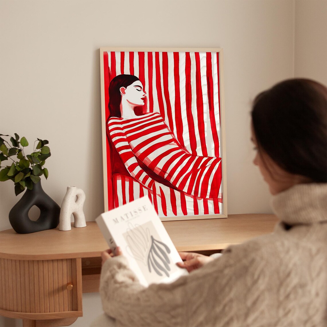Woman in Red Striped Dress Bold Monochrome Abstract Female Poster - Image 3