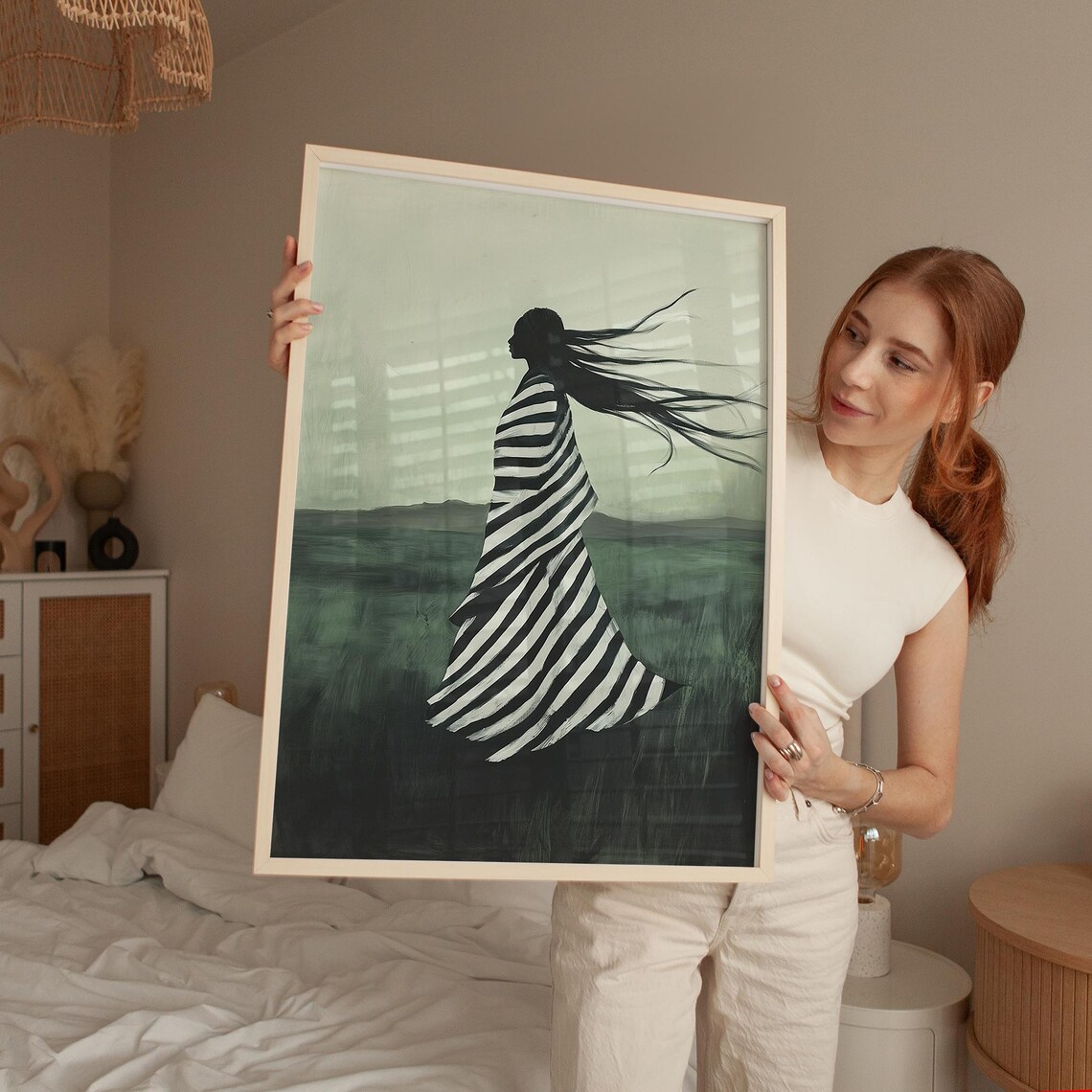 Silhouette Of Woman In Striped Dress Minimalist Abstract Wall Art Mystical Artwork For Modern Home Decor