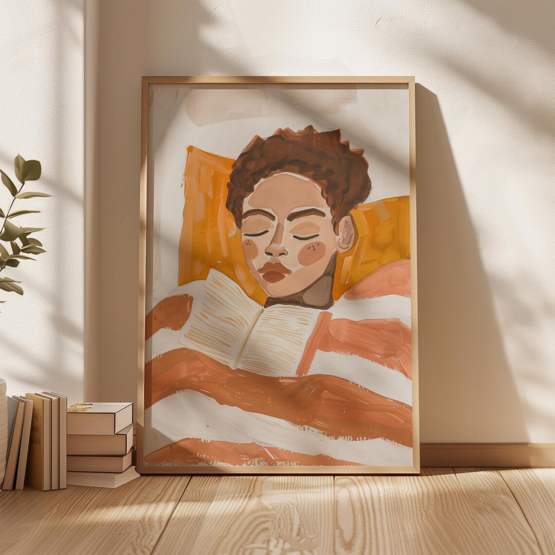 Woman Reading in Bed Warm Terracotta Striped Blanket Portrait Poster