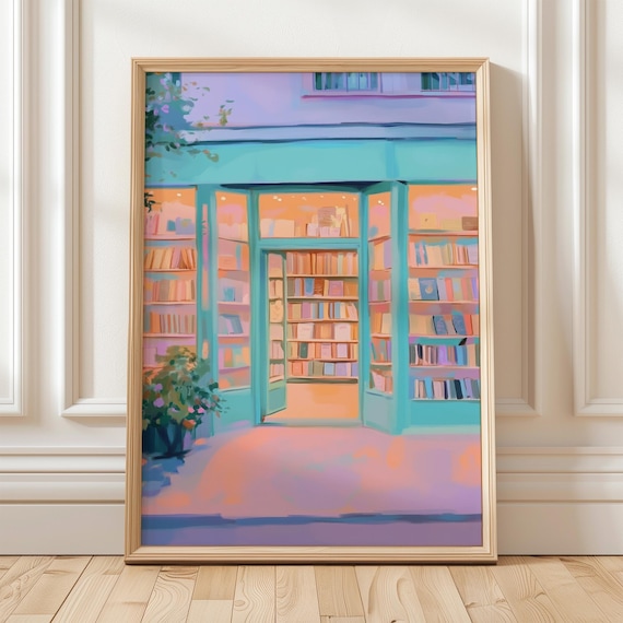 Pastel Turquoise Bookstore Storefront Painting With Warm Glow Poster