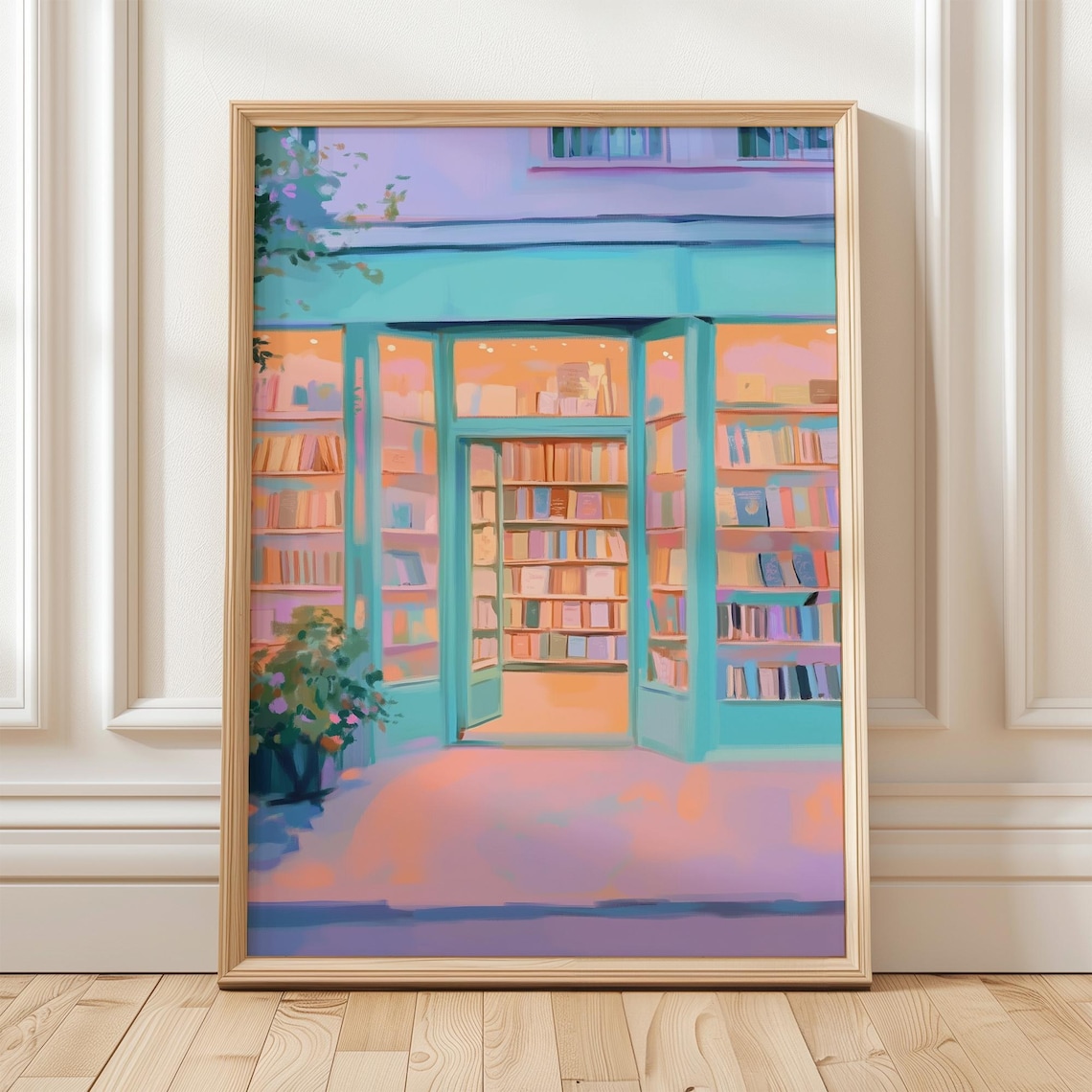 Pastel Turquoise Bookstore Storefront Painting With Warm Glow Poster