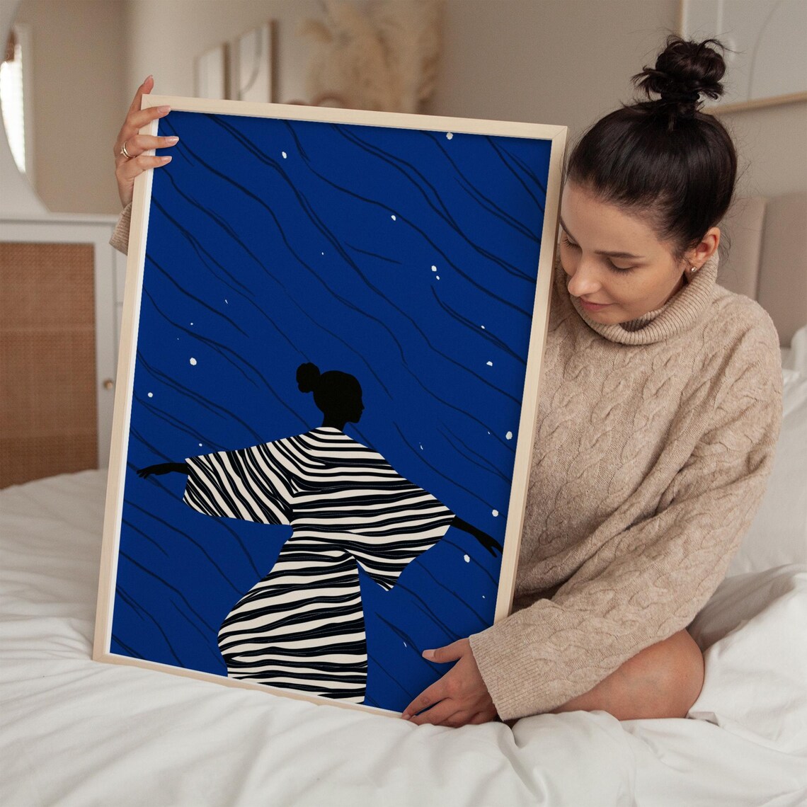 Abstract Female Art Blue Night Sky Black And White Striped Dress Modern Wall Art Print Contemporary Home Decor - Image 5