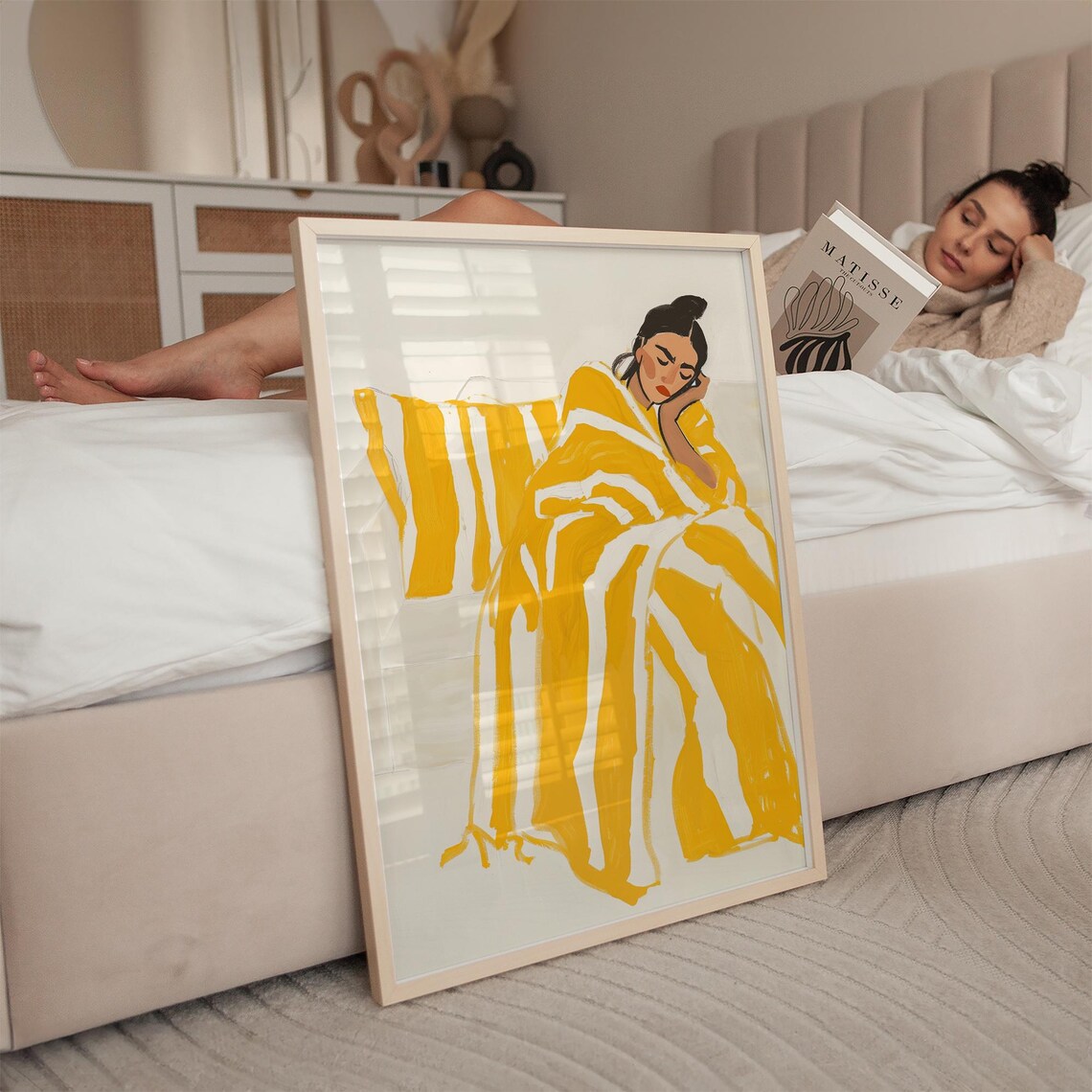 Woman Resting in a Golden Yellow Striped Blanket Minimalist Wall Art - Image 2