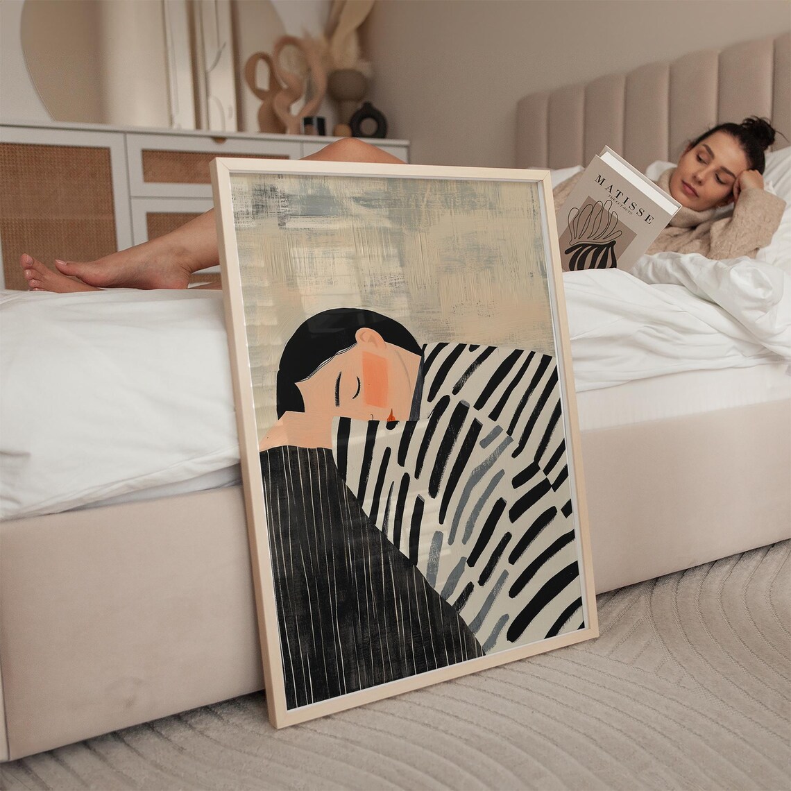 Sleeping Woman in Monochrome Stripes Contemporary Minimal Poster - Image 2
