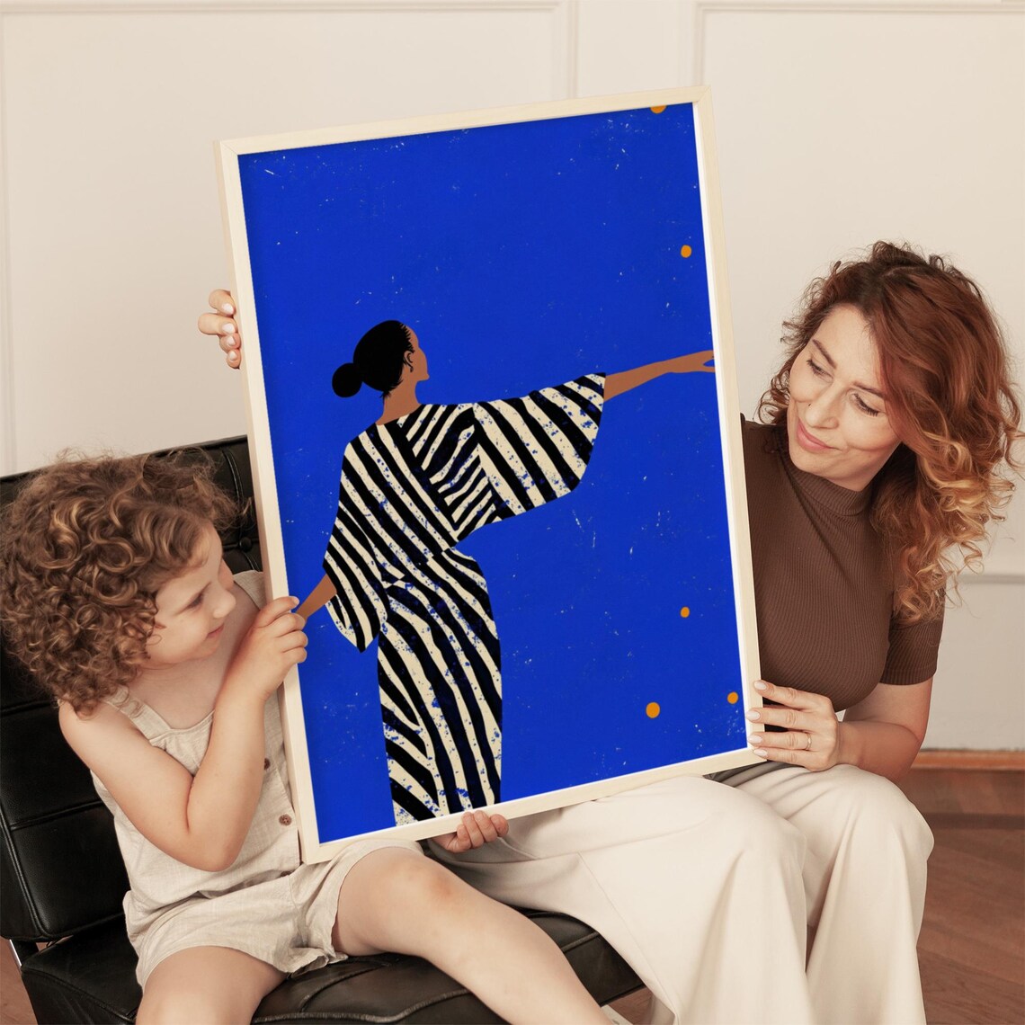 Woman in Striped Kimono Dress on Vivid Blue Night Sky Poster - Image 5