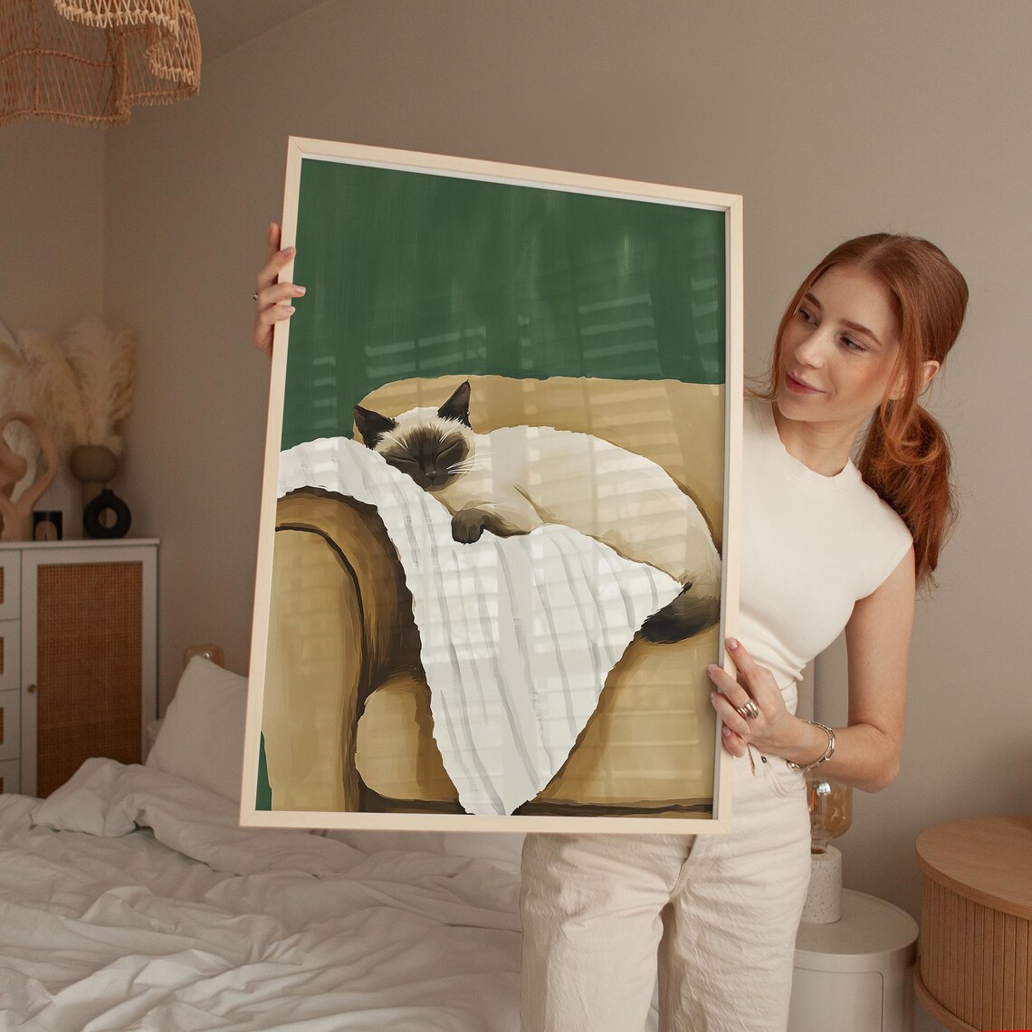 Sleeping Siamese Cat on Striped Blanket Green Cozy Pet Poster - Image 4