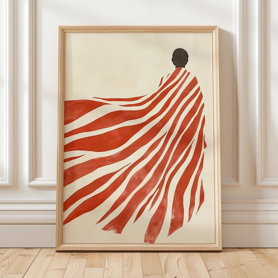 Red Striped Abstract Figure, Minimalist Art Print