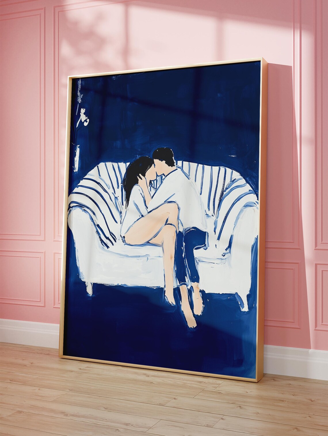 Romantic Couple Kissing on Striped Couch Midnight Blue Art Print - Image 3