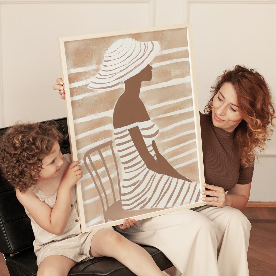 Seated Woman with Sun Hat Striped Dress Beige Abstract Art Poster - Image 3