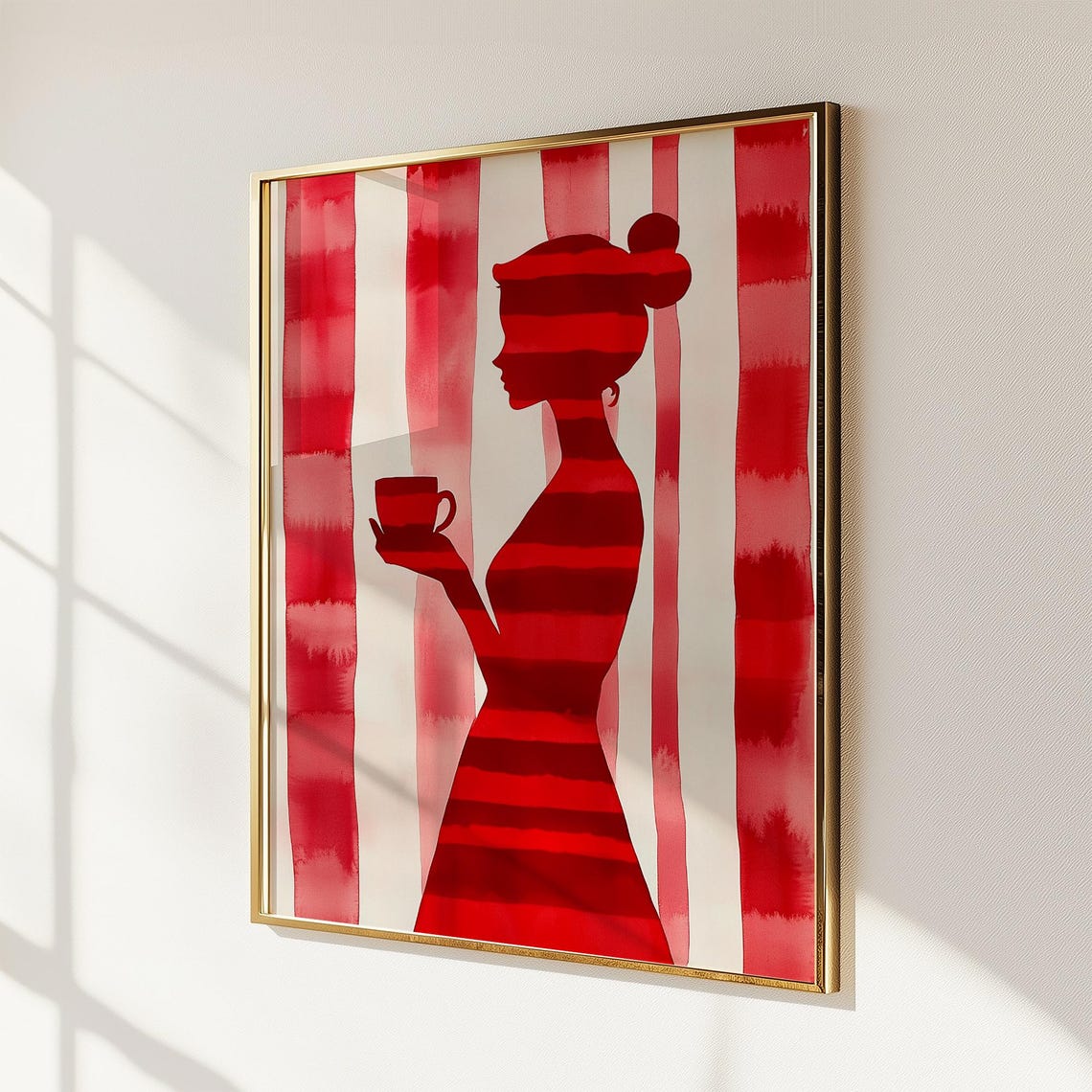 Red Striped Woman With Coffee Art Modern Abstract Print Bold Minimalist Wall Art Poster Contemporary Artwork - Image 2