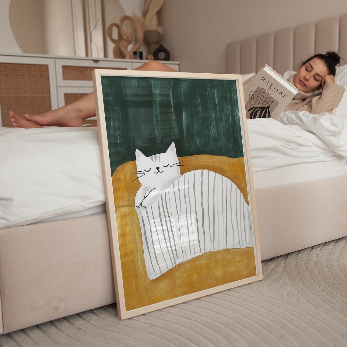 White Cat Sleeping On Striped Blanket Mustard Sofa Art Poster - Image 2