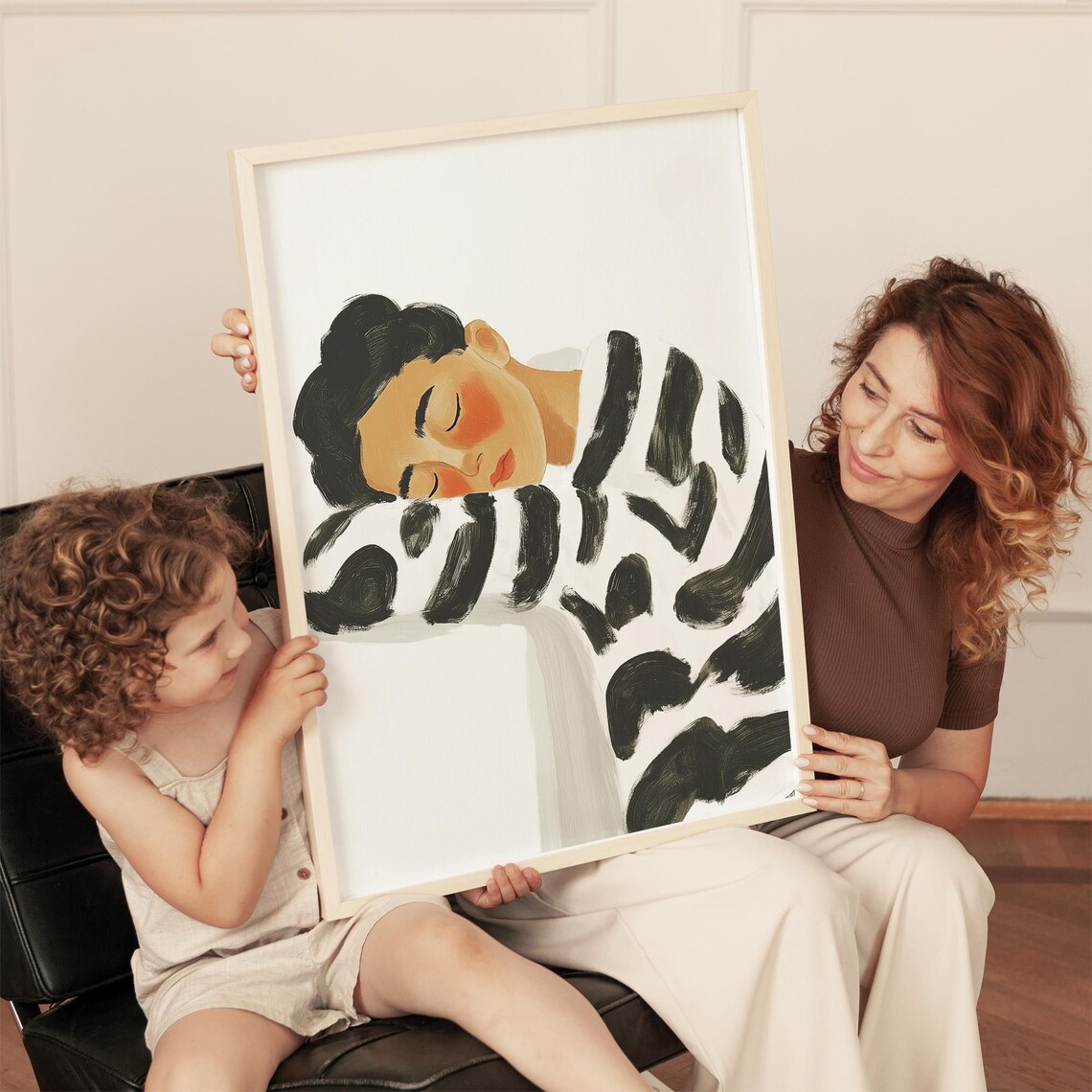 Sleeping Woman in Zebra Stripe Robe Serene Minimalist Bedroom Poster - Image 2