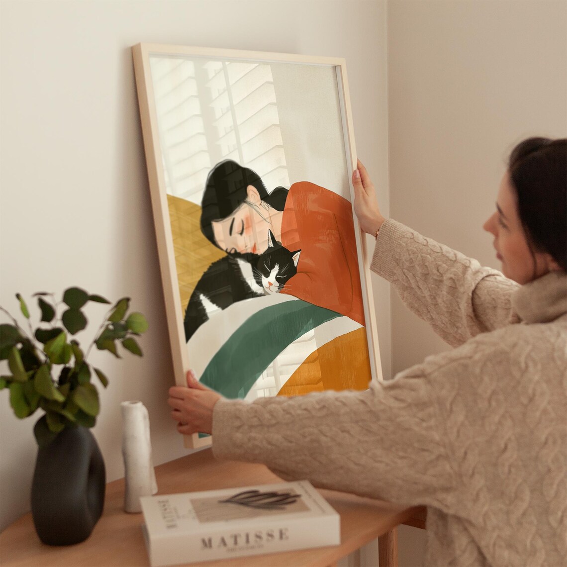 Woman Napping With Black and White Cat Cozy Illustration Poster - Image 2