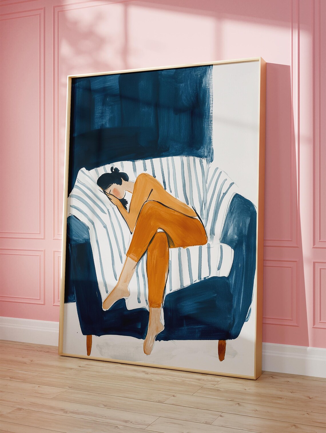 Resting Woman on Navy Striped Couch Warm Minimalist Art Poster - Image 3