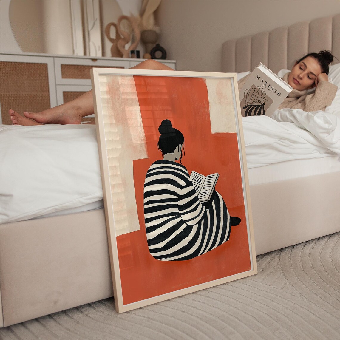 Woman in Striped Robe Reading Against Terracotta Minimalist Art Poster - Image 3