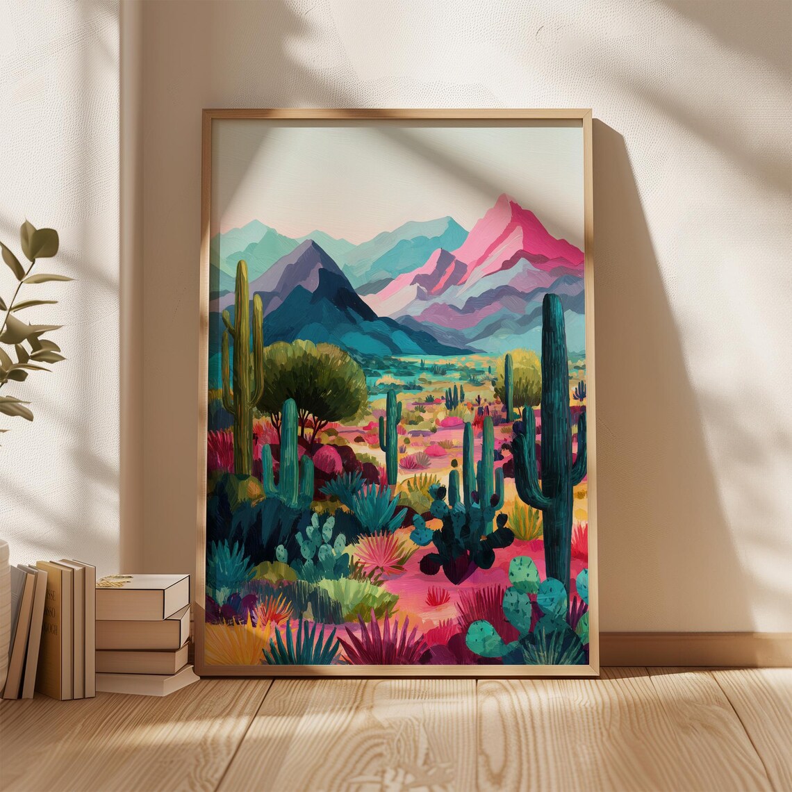 Colorful Desert Cactus Poster, Boho Mountain Landscape
