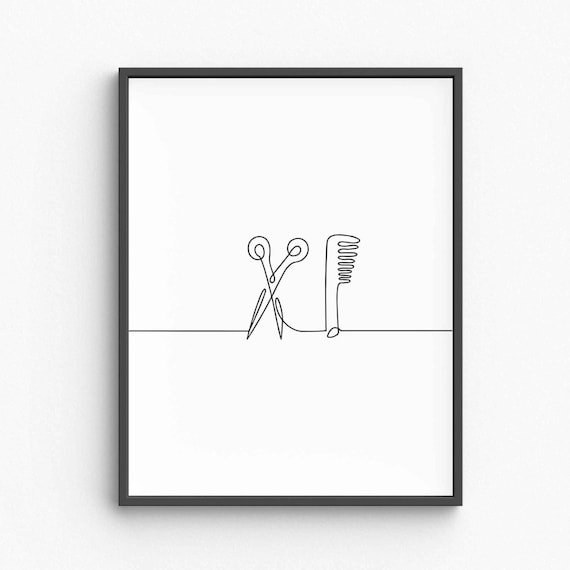 Minimalist Barber Tools Line Art Scissors And Comb Drawing Hair Stylist Wall Decor Salon Sketch Poster