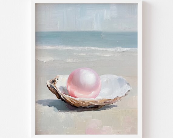 Pink Pearl in Oyster Shell on Beach Coastal Watercolor Wall Art