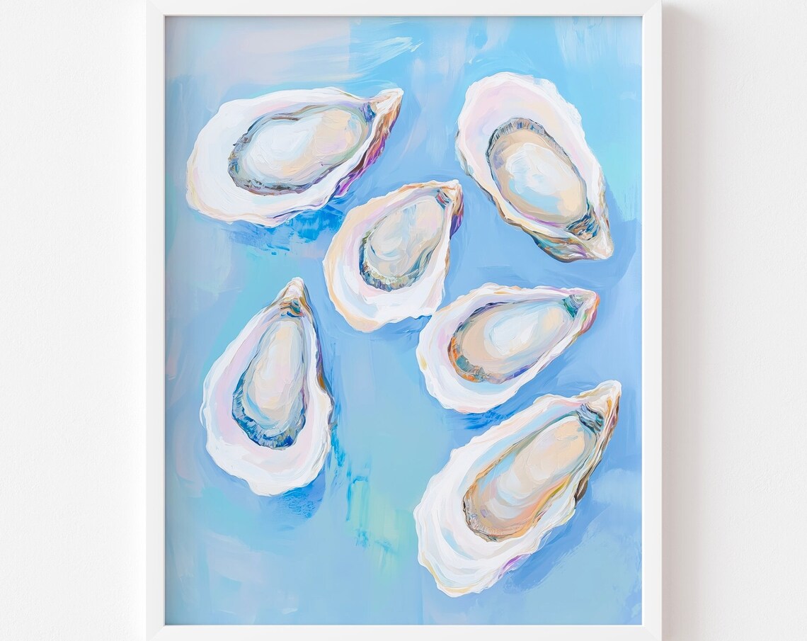 Oyster Shells on Turquoise Watercolor Coastal Kitchen Wall Art - Image 2