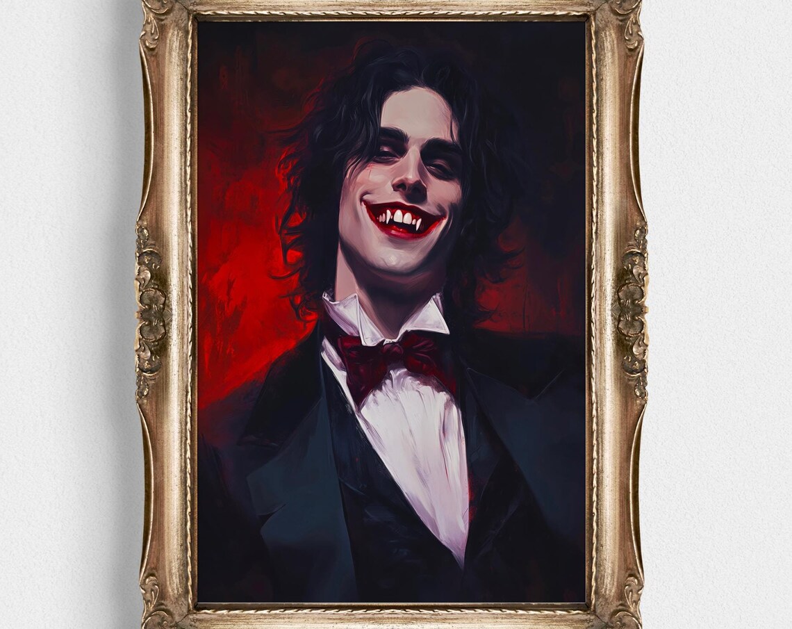 Grinning Vampire Portrait Dark Romantic Gothic Oil Painting Print - Image 3