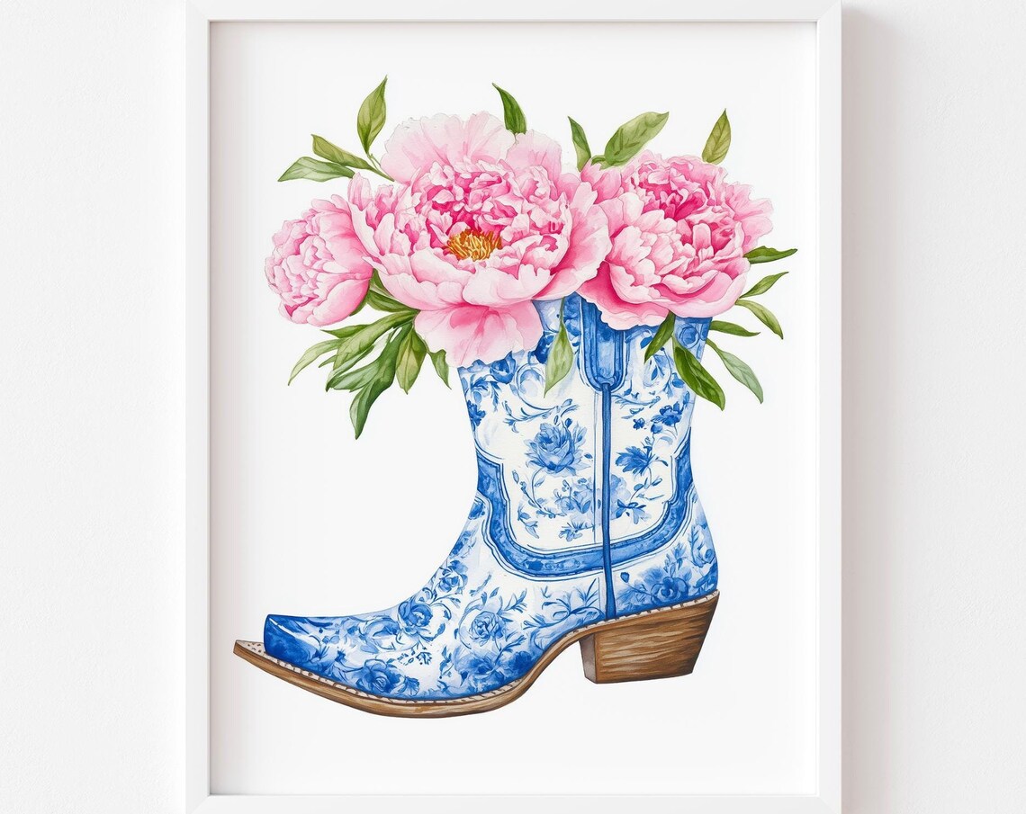 Chinoiserie Cowboy Boot Pink Peonies Floral Western Art Poster