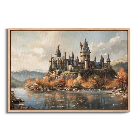 Wizard School Castle Lakeside Oil Painting Poster Autumn Mountain Lake