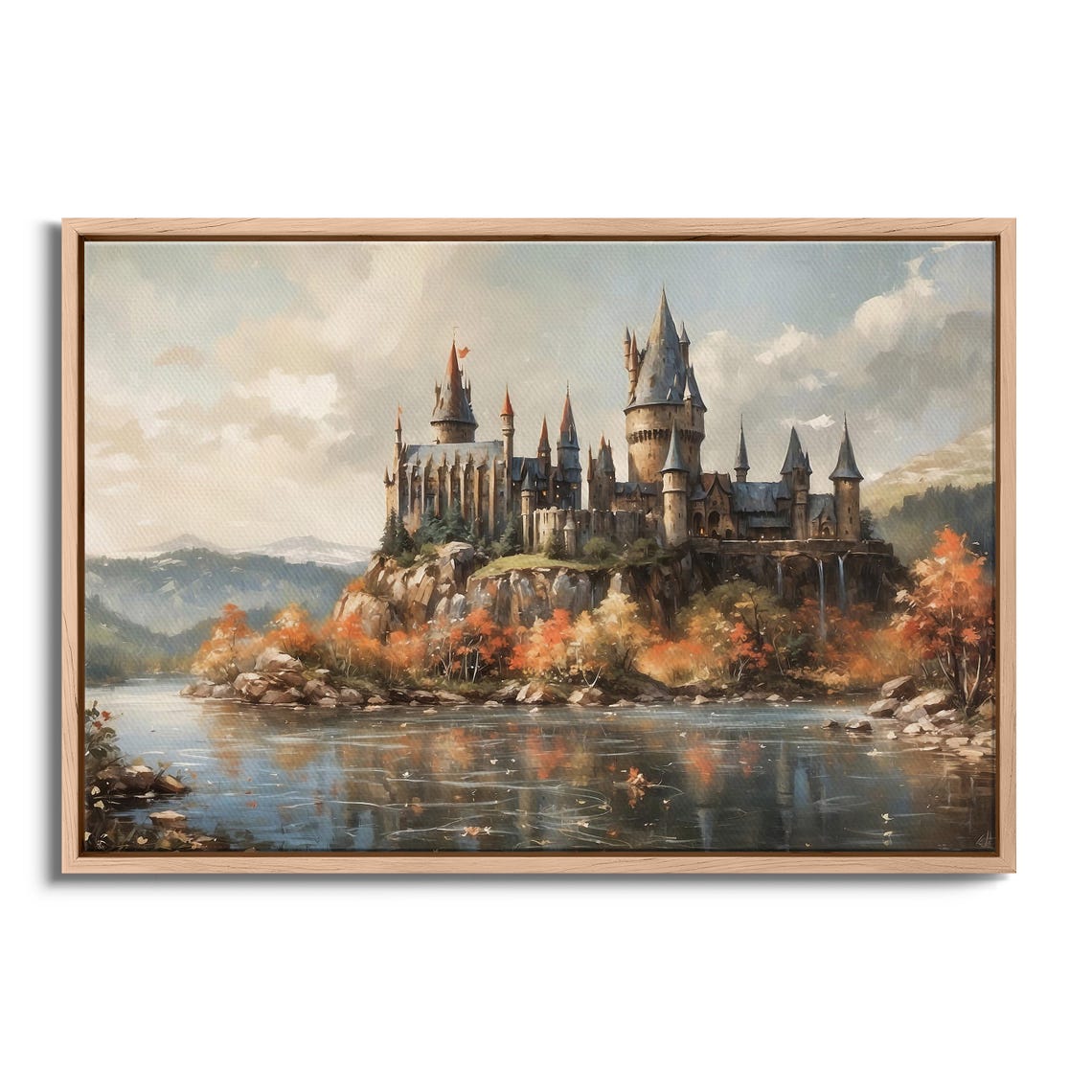 Wizard School Castle Lakeside Oil Painting Poster Autumn Mountain Lake