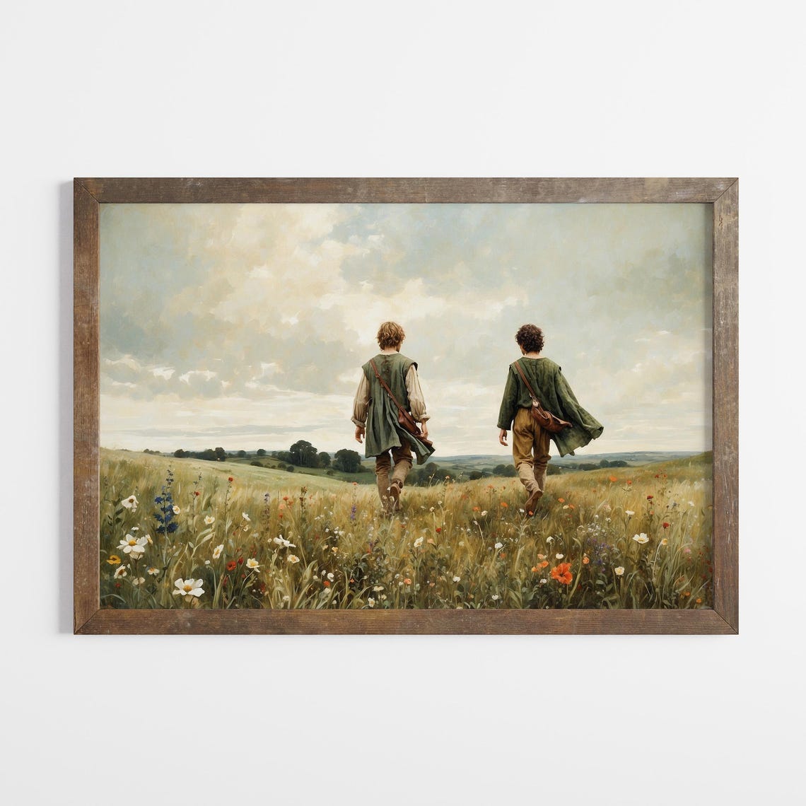 Two Friends Walking Into Wildflower Meadow Rolling Hills Poster