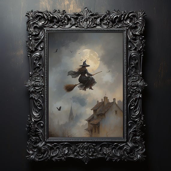Witch Flying On A Broomstick Painting Halloween Wall Art