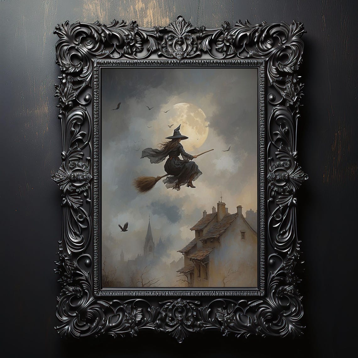 Witch Flying On A Broomstick Painting Halloween Wall Art