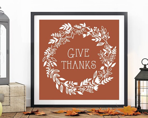 Give Thanks Botanical Wreath Rust Brown Autumn Thanksgiving Sign Poster