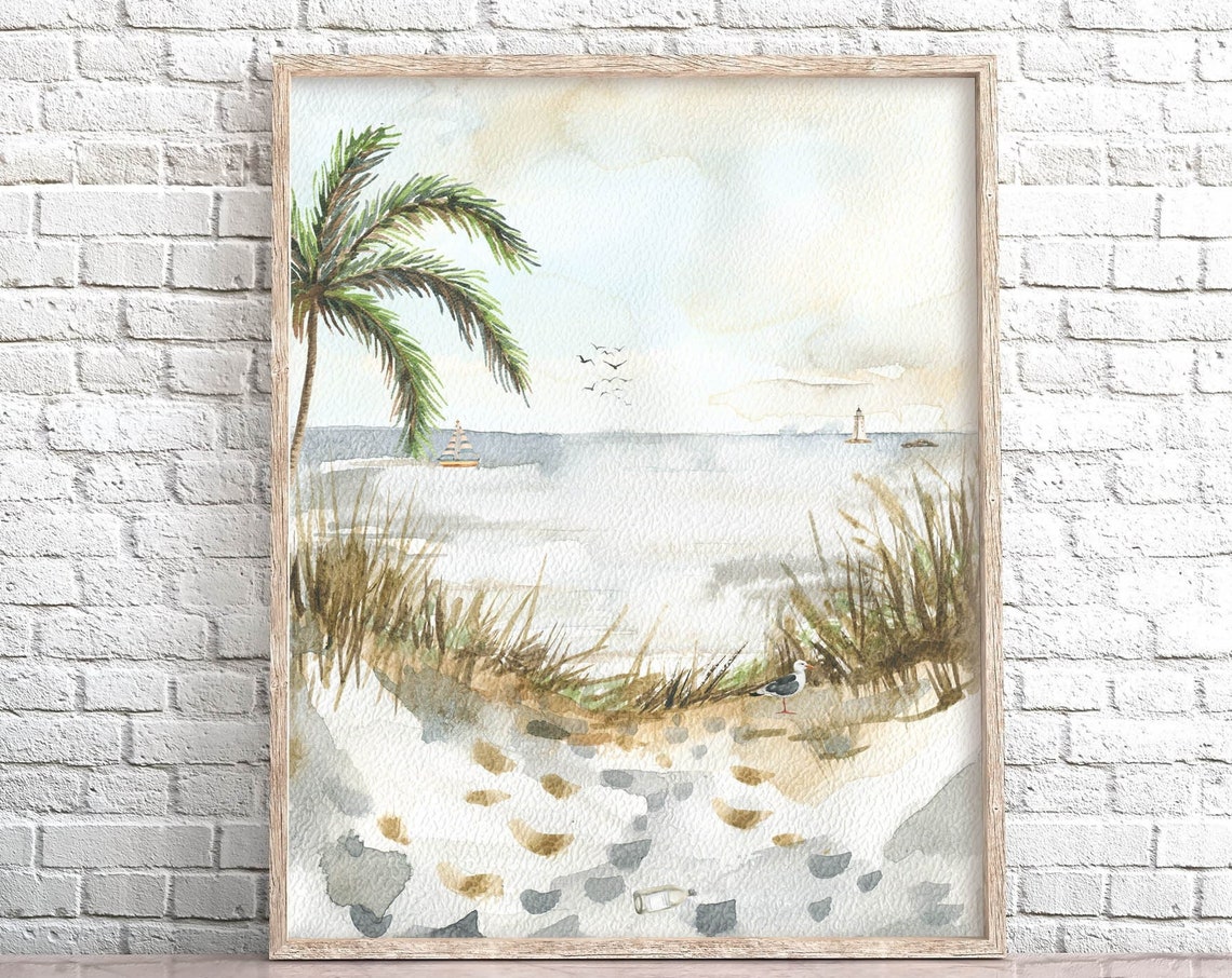 Beach Watercolor Seashore Palm Tree Seagull Sailboat Lighthouse Poster