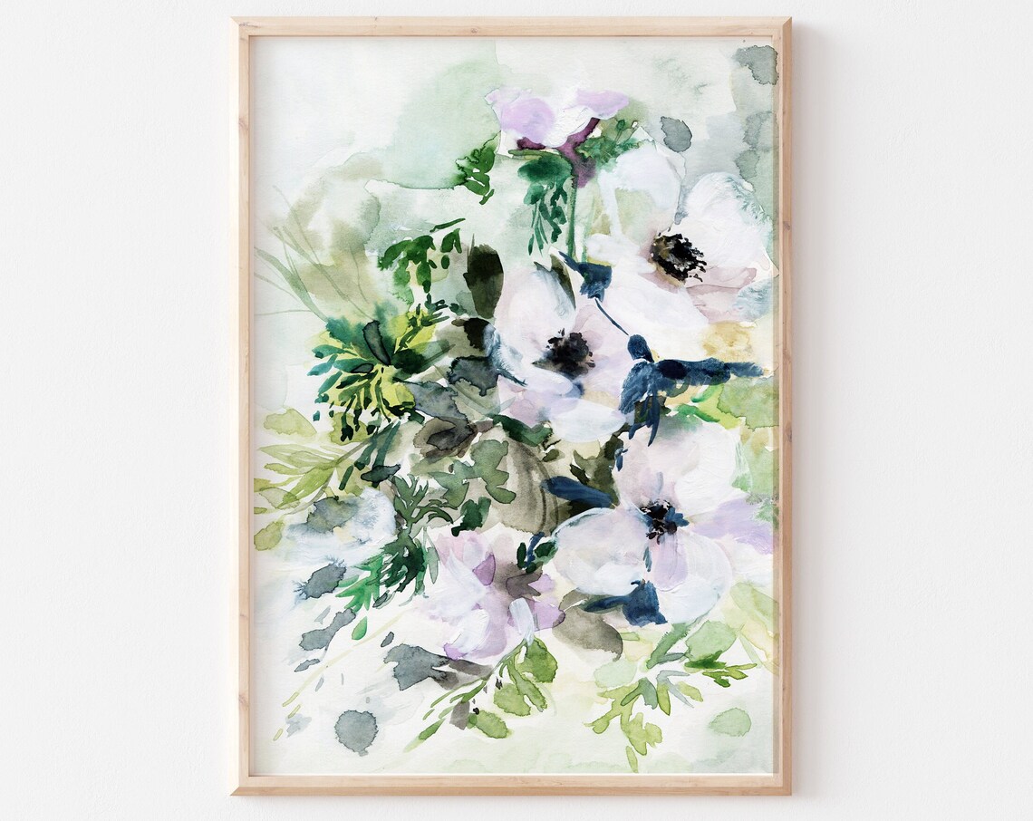White Floral Watercolor Bouquet Green Leaves Soft Botanical Wall Art