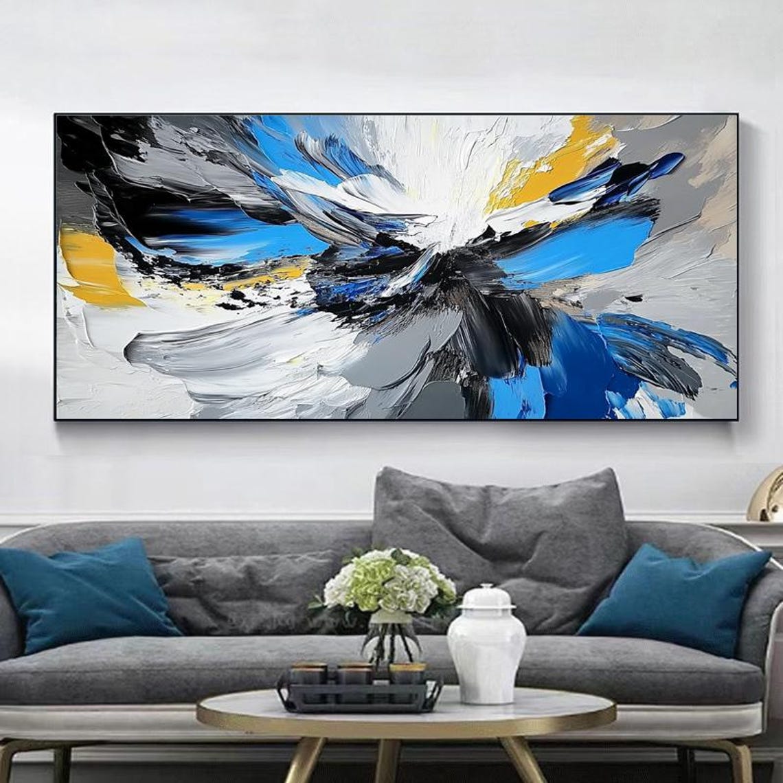 Sweeping Abstract Storm in Electric Blue Black and Gold Wall Art - Image 6